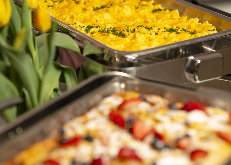 Scrambled eggs and berry French toast bake