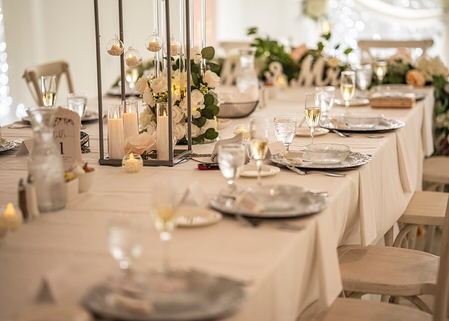 Reception tables set for a wedding